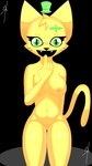 9:16 accessory anthro bow_accessory bow_tie breasts clothing eyebrows eyelashes female genitals green_clothing green_eyes green_topwear hi_res kneeling looking_at_viewer maedaybelowzero nipples nude pussy simple_background smile solo topwear watermark whiskers yellow_body