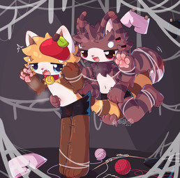 4_arms antennae_(anatomy) anthro arthropod_webbing bell bell_collar biped blue_eyes brown_body brown_inner_ear brown_markings clothed clothing clothing_on_floor collar countershade_face countershade_torso countershading duo fur fused_legs glistening glistening_body goo_drip hat headgear headwear looking_at_another looking_back looking_back_at_another markings midair motion_lines multi_arm multi_eye multi_limb neck_tuft open_mouth open_smile orange_body orange_fur pawpads pink_nose pink_pawpads red_eyes smile standing tail_between_others_legs text three-quarter_view tuft underwear underwear_only white_body white_countershading white_ears white_inner_ear yarn caramelcatcat changed_(video_game) spider_tiger_(changed) arachnid arthropod canid canine mammal raccoon_dog spider tanuki 2025 absurd_res alternate_version_at_source chinese_text colored dated hi_res shaded
