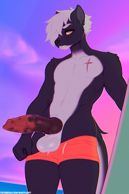 anthro athletic athletic_anthro athletic_male balls belly big_penis black_body blush blush_lines chest_scar clothing erection eyebrows facial_scar genitals hair looking_at_viewer male mottled mottled_genitalia mottled_penis multicolored_body multicolored_penis multicolored_tail orange_clothing orange_swimming_trunks orange_swimwear outside penis presenting presenting_penis public public_exposure scar snout snout_scar solo standing swimming_trunks swimwear tail two_tone_body two_tone_penis two_tone_tail white_balls white_belly white_chest white_eyebrows white_hair yellow_eyes tsudamaku kieren_(emeere11) canid canine mammal 2022 hi_res