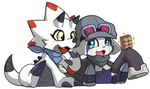 anthro black_claws candy chocolate claws clothing dessert duo food hat headgear headwear horn male oversized_sleeves scarf white_body yellow_eyes portugueselynx bandai_namco digimon digimon_ghost_game appmon appmon_(species) digimon_(species) gammamon offmon hi_res