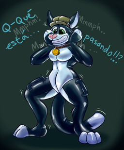 after_transformation anthro collar dialogue grin handles_on_thighs hatwear latex male medallion muffled_speech permanent_smile pool_toy smile solo transformation nan_liu baal_sylva domestic_cat felid feline felis mammal hi_res