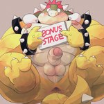 2_horns anthro anus balls blush butt cute_fangs fangs genitals horn kemono male moobs nipples overweight overweight_anthro overweight_male penis solo teeth text dumdum mario_bros nintendo bowser koopa scalie 1:1 2021 english_text hi_res