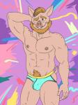 1990s_theme anthro beard biped blonde_hair brown_eyes bulge clothing colorful_background facial_hair freckles hair humanoid_hands jockstrap male memphis_design muscular muscular_anthro muscular_male navel nipples pig_nose pose pubes simple_background smile solo underwear rthur collin_peck domestic_pig mammal suid suine sus_(pig) absurd_res colorful_theme hi_res