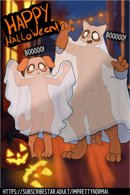 animal_genitalia anthro balls blurred_background clothing costume dialogue duo female food fruit fur genitals ghost_costume halloween_costume holidays jack-o'-lantern looking_at_viewer male nipples nude open_mouth penis plant public public_nudity pumpkin sheath simple_background tail text translucent vulva young young_anthro imprettynormai halloween erin_(imprettynormai) sam_(imprettynormai) canid canine mammal 2:3 absurd_res english_text hi_res brother_(lore) brother_and_sister_(lore) sibling_(lore) sister_(lore)