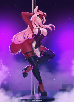 anthro bangs big_breasts black_clothing black_legwear black_markings black_stockings breasts clothing countershade_accent curvy_figure dancing eyelashes female fishnet_stockings footwear fur green_eyes hair high_heels hourglass_figure inner_ear_fluff legwear leotard long_hair looking_away markings pink_hair pole pole_dancing red_body red_fur shoes smile solo stockings tail tan_body tan_fur thick_thighs tuft akulaenaya canid canine canis domestic_dog mammal 2025 colored digital_drawing_(artwork) digital_media_(artwork) hi_res shaded