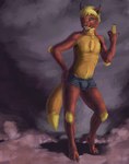 anthro blonde_hair bottomwear brown_body brown_fur claws clothed clothing fur green_eyes hair male one_eye_closed open_mouth pupils red_body red_fur shorts slit_pupils solo teeth toe_claws tongue topless tuft wink yellow_body yellow_fur spectrumshift vikbys felid feline lynx mammal 2015