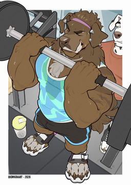 anthro barbell_piercing being_watched bodily_fluids border bottomwear chest_tuft clothing digitigrade duo ear_piercing ear_ring exercise furgonomics grin gym jewelry looking_at_another male necklace piercing ring_piercing shaker_bottle shirt shorts smile sweat sweatdrop t-shirt tank_top teeth topwear tuft weight_rack weightlifting weights white_border workout big_wada canid canine canis dalmatian domestic_dog mammal 2026 hi_res