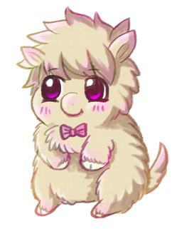 ambiguous_gender blush blush_lines bow_tie feral fur green_hooves hooves pink_blush pink_bow_tie pink_eyes simple_background sitting smile solo tail white_background white_body white_fur young young_ambiguous young_feral yellowcottoncandy030 fluffy_pony fluffy_pony_(species) mammal 2025 digital_drawing_(artwork) digital_media_(artwork) hi_res