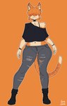 5_fingers anthro big_breasts black_boots black_bra black_choker black_clothing black_crop_top black_fingernails black_footwear black_jewelry black_nails black_necklace black_shirt black_topwear black_underwear blue_bottomwear blue_clothing blue_jeans blue_pants boots bottomwear bra bracelet breasts censor_bar chest_tuft choker closed_smile clothed clothing colored_nails crop_top denim denim_bottomwear denim_clothing dipstick_tail ear_piercing feet female fingernails fingers footwear fur hair hair_over_eyes happy huge_breasts humanoid_hands inner_ear_fluff jeans jewelry markings midriff mole_(marking) mouth_closed multicolored_body multicolored_fur nails navel navel_piercing necklace off_shoulder orange_background orange_body orange_fur orange_hair outline pants piercing pink_nose shirt shoes simple_background smile snaggle_tooth solo spiked_bracelet spikes standing striped_body striped_fur stripes tail tail_markings tan_body tan_fur text thick_thighs topwear torn_bottomwear torn_clothing torn_jeans torn_pants tuft underwear white_outline justbirb paprika_(justbirb) domestic_cat felid feline felis mammal 2025 absurd_res aliasing binary_drawing dated digital_drawing_(artwork) digital_media_(artwork) english_text flat_colors full-length_portrait hi_res portrait signature