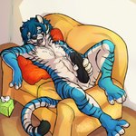 animal_genitalia anthro balls bodily_fluids cum erection furniture genital_fluids genitals humanoid_genitalia humanoid_penis hybrid_genitalia hybrid_penis male penis sheath sheathed_humanoid_penis sofa solo machati-sama bluerockcandy felid mammal pantherine tiger 1:1
