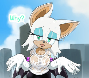 anthro armwear bat_wings big_breasts big_ears black_bottomwear black_clothing black_nose black_wings blue_eyeshadow bottomwear breasts cleavage clothed clothing cloud dialogue elbow_gloves eyelashes eyeshadow female front_view fur gloves green_eyes handwear looking_at_viewer makeup membrane_(anatomy) membranous_wings sky solo tan_body tan_fur text topwear translucent translucent_clothing wet wet_clothing wet_topwear white_body white_clothing white_fur white_gloves white_handwear white_topwear wide_hips wings pencils_(artist) sega sonic_the_hedgehog_(series) rouge_the_bat bat mammal