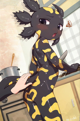 ambiguous_gender anthro black_body blush bodily_fluids butt embarrassed floating_hands holding_knife holding_object knife looking_back nude_ambiguous open_mouth pouting rear_view solo sweat tail tongue yellow_body young young_ambiguous young_anthro kochi662368621 epic_games fortnite axo_(fortnite) amphibian aquatic axolotl mole_salamander salamander 2026 hi_res japanese_description