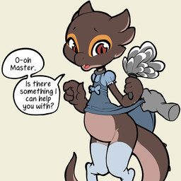 anthro belly bottomless clothed clothing clothing_lift dialogue disembodied_hand duo female flat_chested maid_uniform master no_underwear partially_clothed pregnant pregnant_anthro pregnant_female red_eyes scales simple_background solo_focus speech_bubble text topwear uniform upskirt itsunknownanon paledrake obsius_(paledrake) crocodile_skink kobold lizard reptile scalie skink 1:1 digital_media_(artwork) english_text hi_res