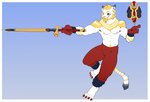 anthro clothing facial_hair gloves handwear male melee_weapon solo sword weapon ewenkarma final_fantasy final_fantasy_xiv square_enix mage_(final_fantasy) red_mage_(final_fantasy) felid hrothgar mammal