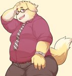 anthro bottomwear clothing eyewear glasses humanoid_hands kemono male necktie overweight overweight_anthro overweight_male pants shirt simple_background solo topwear hanji1st canid canine canis domestic_dog mammal 2020 hi_res