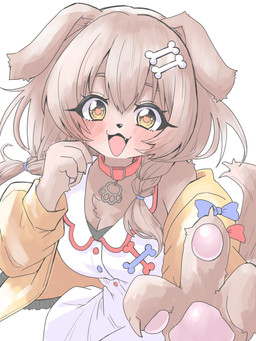 :3 accessory alternate_species anthro blush bone_shaped_hairpin breasts brown_body brown_eyes brown_fur claws clothed clothing collar collared_shirt double-parted_bangs dress dress_shirt eyebrows fangs female floppy_ears fur hair_accessory hairpin jacket kemono looking_at_viewer low_twintails open_mouth shirt simple_background sleeveless_shirt solo tail teeth topwear white_background wristband yellow_clothing yellow_jacket_(clothing) yellow_topwear super_neko_t hololive vtuber inugami_korone bird_dog canid canine canis domestic_dog hunting_dog mammal spaniel absurd_res half-length_portrait hi_res portrait