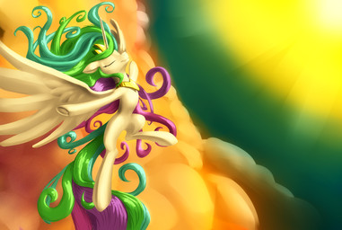 cloud crown eyes_closed feathered_wings feathers female feral flying gold_(metal) hair headgear horn jewelry multicolored_hair necklace outside sky solo sun white_body white_feathers wings nadnerbd friendship_is_magic hasbro my_little_pony mythology princess_celestia_(mlp) equid equine mammal mythological_creature mythological_equine winged_unicorn 2014 hi_res