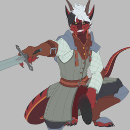 anthro armor big_penis clothed clothing flaccid foreskin gambeson genitals gloves grin hair handwear horn humanoid_genitalia humanoid_penis knee_pads looking_at_viewer male melee_weapon partially_clothed partially_clothed_anthro partially_clothed_male pauldron penis penis_poking_out presenting presenting_penis red_body red_scales scales simple_background smile smiling_at_viewer solo sword tail weapon white_hair velrizoth mythology gariyuu dragon mythological_creature mythological_scalie scalie 1:1 hi_res