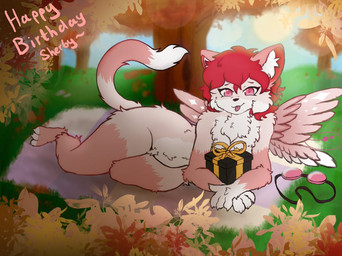 anthro bedding black_nose blanket content eyewear fluffy forest fur gift goggles hair happy heart_pupils hug hugging_object leaf leaves_on_ground lying lying_on_ground male markings on_ground on_side pink_body pink_eyewear pink_fur pink_goggles pink_tongue pink_wings plant present_box red_eyes red_hair solo spread_wings striped_body striped_markings striped_tail stripes tail tail_markings text tongue tree white_body white_fur wings artibeanie skye_(sherb_art) felid feline mammal hi_res