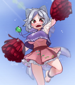 3_tails barefoot big_breasts bottomwear breasts cheerleader clothing crop_top crop_top_overhang feet female hair looking_at_viewer multi_tail open_mouth pink_bottomwear pink_clothing pink_skirt pom_poms purple_clothing purple_shirt purple_topwear red_eyes shirt skirt solo tail topwear under_boob white_hair zakozako_y touhou enoko_mitsugashira animal_humanoid canid canid_humanoid canine canine_humanoid humanoid mammal mammal_humanoid wolf_humanoid hi_res