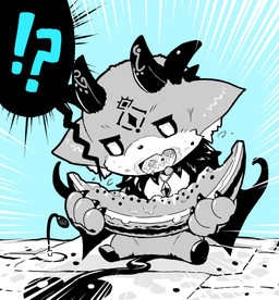 ambiguous_gender anthro biped black_sclera eating food fruit fur grey_body grey_fur head_horn hooves horn interrobang jewelry melon membrane_(anatomy) membranous_wings necklace necklace_only nude plant semi-anthro solo spade_tail tail watermelon watermelon_slice white_eyes wings oribiyo nijisanji vtuber debidebi_debiru demon low_res