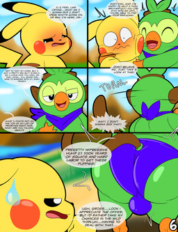 annoyed anthro big_butt biped blue_clothing blue_panties blue_underwear blush bodily_fluids bulge butt clothing dialogue duo embarrassed grass hug hugging_another kerchief lake lakeside looking_back male motion_lines nude onomatopoeia panties plant presenting presenting_hindquarters rear_view sound_effects sweat sweatdrop text underwear wetland tepigfan101 nintendo pokemon pokemon_mystery_dungeon spike_chunsoft calvin_(tepigfan101) casey_(tepigfan101) generation_1_pokemon generation_8_pokemon grookey pikachu pokemon_(species) absurd_res comic english_text hi_res