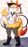 anthro anthrofied clothed clothing cute_fangs fangs female fluffy looking_at_viewer pokemorph simple_background snout solo standing teeth bypolter nintendo off_(game) pokemon the_batter_(off) braixen canid canine generation_6_pokemon mammal pokemon_(species) 2017 full-length_portrait hi_res portrait