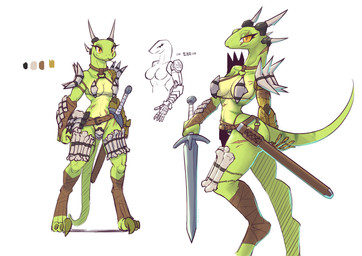 anthro armor bald big_breasts bikini_armor biped bone breasts claws clothed clothing color_swatch digitigrade eye_scar eyelashes facial_scar female forked_tongue green_body green_stripes hand_on_tail kemono long_eyelashes looking_at_viewer markings melee_weapon non-mammal_breasts prosthetic prosthetic_arm prosthetic_limb scabbard scales scar side_boob skimpy smile solo standing step_pose striped_body striped_markings striped_scales striped_tail stripes sword tail tail_markings text toe_claws tongue tongue_out unconvincing_armor weapon yellow_eyes sat_v12 silvana_(sat_v12) lizard reptile scalie 2021 digital_media_(artwork) hi_res japanese_text model_sheet