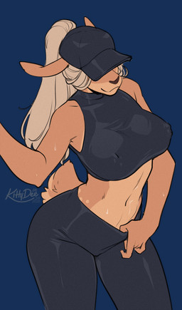anthro biped bottomwear breasts clothed clothed_anthro clothed_female clothing countershade_torso countershading female fingers front_view fully_clothed fully_clothed_anthro fully_clothed_female fur hair hat headgear headwear navel nipple_outline obscured_eyes ponytail simple_background smile solo standing tail tan_body tan_fur tan_hair topwear transparent_background kittydee lola_buckhart cervine deer mammal sika_deer 2026 alpha_channel digital_drawing_(artwork) digital_media_(artwork) hi_res