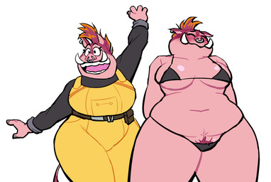 anthro bikini breasts clothed clothed_anthro clothed_female clothing ear_piercing ear_ring eyelashes facial_piercing female fully_clothed fully_clothed_anthro fully_clothed_female nose_piercing nose_ring overalls overweight overweight_female piercing pubes ring_piercing skimpy smile solo swimwear thick_thighs two-piece_swimsuit wide_hips lovetopullmicke dreamworks the_bad_guys pigtail_(the_bad_guys) mammal suid suine sus_(pig) wild_boar hi_res