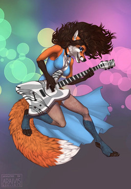 4_toes 5_fingers anthro black_nose blue_eyes breasts brown_hair chest_tuft clothed clothing collar digitigrade electric_guitar feet female fingers fluffy fluffy_tail fur guitar hair musical_instrument open_mouth orange_body orange_fur plucked_string_instrument smile solo string_instrument tail teeth toes tongue tuft araivis-edelveys cassie_the_rock_vixen canid canine fox mammal hi_res