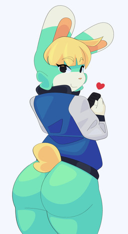 anthro big_butt bottomless butt cellphone clothed clothing electronics eyebrow_through_hair eyebrows hair heart_symbol jacket looking_at_viewer looking_back looking_back_at_viewer male phone smile solo thick_thighs topwear translucent translucent_hair cytrusawa animal_crossing nintendo sasha_(animal_crossing) lagomorph leporid mammal rabbit absurd_res digital_media_(artwork) hi_res shaded