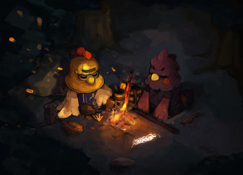 anthro armor barrel beak black_body black_feathers brown_body brown_feathers campfire crossbow duo eyelashes eyes_closed feathers female fire forest grey_body grey_feathers headgear helmet lamp lantern male melee_weapon multicolored_body multicolored_feathers night on_ground plant ranged_weapon rosy_cheeks satchel sitting sleeping sword tree weapon white_body white_feathers yellow_beak caribun animal_crossing dark_souls fromsoftware nintendo broffina_(animal_crossing) ken_(animal_crossing) knox_(animal_crossing) avian bird chicken galliform phasianid 2018 crossover