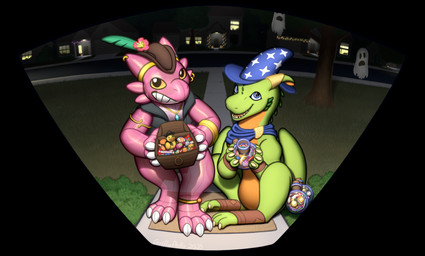 ambiguous_gender clothing costume duo holidays inflatable male squeakyfeather griffinphillis kujo halloween mythology animate_inanimate dragon kobold living_inflatable living_pool_toy mythological_creature mythological_scalie scalie 2025 absurd_res alpha_channel digital_media_(artwork) hi_res