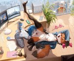 all_fours anthro areola armor being_watched bodily_fluids bottomless bottomless_anthro bottomless_female bra breasts building butt chair city cityscape claws clitoral_hood clitoris clothed clothing computer cunnilingus detailed_background electronics embarrassed eyes_closed feet female female/female fingers fur furniture genital_fluids genitals hair headgear helmet holding_object holding_paper jacket leaking looking_at_another looking_pleasured lying male nipples nude office on_back one_eye_closed one_leg_up open_clothing open_jacket open_mouth open_shirt open_topwear oral panties paper pawpads plant pussy_juice_leaking raised_leg safety_vest saliva sex shirt skyscraper spread_legs spreading tail teeth toe_claws toes tongue tongue_out topwear underwear undressed vaginal vaginal_fluids vest vulva frank-79 stonks tatiane_de_mane canid canine felid mammal maned_wolf pantherine snow_leopard digital_media_(artwork) hi_res