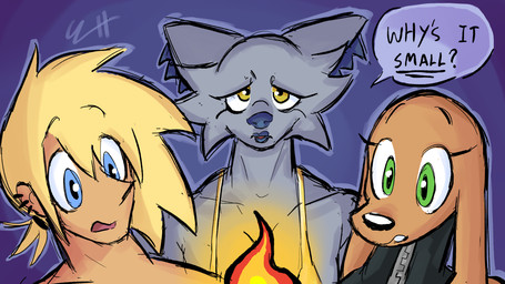 anthro bikini black_clothing black_nose black_swimwear blonde_hair blue_body blue_eyes blue_fur blue_lipstick brown_body brown_fur clothing dialogue disappointed ear_piercing ear_ring female fire fur gold_bikini gold_bikini_top green_eyes group hair lipstick magic makeup male multiple_ear_piercings multiple_ear_ring piercing question ring_piercing speech_bubble swimwear text trio two-piece_swimsuit yellow_eyes biscotti5000 jane_(biscotti5000) nyx_(biscotti5000) sam_(biscotti5000) canid canine canis domestic_dog human mammal wolf 16:9 english_text hi_res widescreen