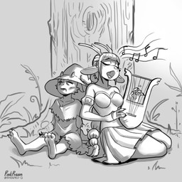 anthro biped bodily_fluids breasts duo eyebrows feet female fingers hair lyre medium_breasts musical_instrument non-mammal_breasts open_mouth outside playing_music plucked_string_instrument saliva sitting string_instrument thick_thighs three-quarter_view toes pink_prawn mythology mulvan_treehugger dragon mythological_creature mythological_scalie scalie 1:1 absurd_res hi_res monochrome