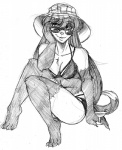 4_toes anthro beverage bikini biped breasts chest_tuft claws cleavage clothed clothing eyewear feet female finger_claws food front_view fur gloves_(marking) hair hat headgear headwear hindpaw leg_markings long_hair markings paws short_tail sitting smile socks_(marking) solo straight_hair sunglasses swimwear tail toe_claws toes tuft two-piece_swimsuit avencri the_eye_of_ramalach alex_(avencri) domestic_ferret mammal mustelid musteline true_musteline weasel monochrome sketch