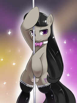 black_hair blush clothing cutie_mark dancing female feral genitals hair legwear long_hair looking_at_viewer pole pole_dancing pole_masturbation purple_eyes pussy_floss smile solo stockings tail vulva princess_hinghoi friendship_is_magic hasbro my_little_pony octavia_(mlp) earth_pony equid equine horse mammal pony 2013 hi_res