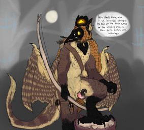 anthro arrow_(weapon) arrowhead bird_skull black_markings bow_(weapon) brown_body brown_feathers brown_markings cape claws clothing crown dialogue dipstick_tail feathers feet genitals glowing glowing_eyes headgear hood impregnation_request jewelry knife leg_markings looking_at_viewer male markings moon multicolored_penis necklace pendant penis prehensile_penis raised_foot ranged_weapon ring_(marking) simple_background socks_(marking) solo speech_bubble spots spotted_body spotted_feathers straps striped_feathers stripes tail tail_markings talking_to_viewer talons text toes tree_stump two_tone_penis weapon wing_claws wings wire yellow_eyes yellow_markings welcometaco cult_of_the_lamb massive_monster_(studio) haro_(cult_of_the_lamb) avian bird owl english_text