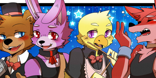 anthro apron armband band beak black_border black_nose blue_background blue_eyes blush border bow_(feature) bow_tie brown_body brown_fur bubble cheek_tuft chest_tuft clothed clothing collar drumming_stick ear_piercing electronics eye_patch eyes_closed eyewear facial_piercing facial_tuft female fur gloves group handwear hat head_tuft headgear headwear holding_object jacket jewelry lip_piercing looking_at_viewer machine maid_uniform male microphone multicolored_body multicolored_fur open_mouth open_smile orange_beak percussion_mallet piercing purple_body purple_eyes purple_fur red_body red_eyes red_fur shirt simple_background smile suit tan_body tan_fur tank_top teeth tongue topwear tuft two_tone_body two_tone_fur uniform white_body white_border white_fur yawn yellow_body yellow_fur saku1saya five_nights_at_freddy's scottgames bonnie_(fnaf) chica_(fnaf) foxy_(fnaf) freddy_(fnaf) animatronic avian bear bird canid canine fox lagomorph leporid mammal rabbit robot 2015 absurd_res hi_res