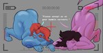 anthro big_breasts blue_body bowing breasts camera_overlay dogeza duo female hair huge_breasts long_hair nipples nude pink_body sad simple_background slave tail text angelogoat666 deltarune undertale undertale_(series) susie_(deltarune) undyne animal_humanoid fish fish_humanoid humanoid lizard marine marine_humanoid reptile scalie absurd_res hi_res