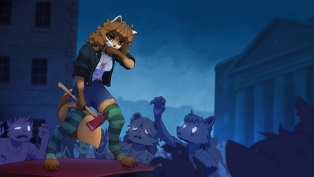 anthro axe blood bodily_fluids bottomwear brown_eyes brown_hair car city clothing cloud cloudy_sky crossgender denim denim_bottomwear denim_clothing denim_shorts female footwear hair holding_object jacket leather leather_clothing leather_jacket leather_topwear looking_at_viewer orange_body raining shirt shorts sky socks solo tank_top topwear torn_clothing vehicle dipfanken project_zomboid the_indie_stone spiffo mammal procyonid raccoon undead zombie hi_res