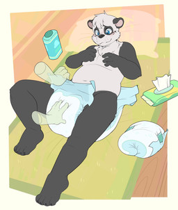 abstract_background ageplay ambiguous_gender anthro baby_powder black_body black_fur blue_eyes changing_mat clean_diaper clothed clothing diaper diaper_change diaper_only discarded_diaper disembodied_hand duo fur grey_body grey_fur infantilism lying male on_back pillow putting_on_diaper roleplay topless wearing_diaper wet_wipes bubblepuppers capri_(paddedcapri) bear giant_panda mammal hi_res