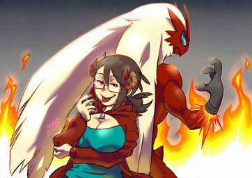 3_fingers 4_fingers ambiguous_gender anthro back_to_back beak biceps big_breasts biped black_hair blep blue_clothing blue_eyes blue_topwear breasts brown_horn cheek_tuft claws cleavage clothed clothing crotch_tuft curved_horn duo eyelashes eyewear facial_tuft feather_tuft feathers feet female fingers fire front_view frown glasses grey_background grey_body grey_claws grey_skin hair half-closed_eyes holding_object holding_pokeball hoodie horn humanoid_hands kemono larger_ambiguous light light_body light_skin looking_at_another looking_at_viewer looking_back multicolored_body multicolored_feathers muscular muscular_ambiguous narrowed_eyes nude piercing pokeball ponytail rear_view red_beak red_body red_clothing red_eyes red_feathers red_tongue red_topwear shadow shirt simple_background size_difference slim small_waist smaller_female smile standing talons tan_body tan_skin toes tongue tongue_out tongue_piercing tongue_stud topwear tuft two_tone_body two_tone_feathers ultra_ball undershirt white_body white_feathers yellow_sclera avimedes nintendo pokemon avian blaziken demon generation_3_pokemon humanoid mammal pokemon_(species) 2017 absurd_res character_request digital_media_(artwork) film_grain half-length_portrait hi_res lighting portrait signature