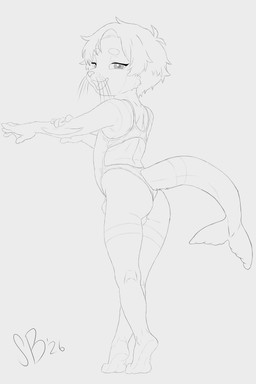 anthro backless_swimsuit bareback bulge butt clothing crossed_legs extended_arm feet femboy fin hair long_tail looking_at_another looking_back looking_pleasured male one-piece_swimsuit open-back_swimsuit pose short_hair shota solo standing swimwear tail tail_fin thick_tail tiptoes wrinkled_feet wrinkles young young_anthro young_male smol_boye otto_the_seal(mero) aquatic mammal pinniped seal 2:3 absurd_res hi_res monochrome pinup