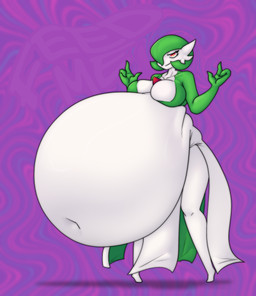 3_fingers abdominal_bulge belly big_belly big_breasts bloated breast_squish breasts chest_spike clothing dress eyelashes featureless_breasts female fingers green_body green_hair hair huge_belly huge_breasts hyper hyper_belly narrowed_eyes navel overweight overweight_female overweight_humanoid pseudo_clothing pseudo_hair purple_background red_eyes simple_background smile smirk smug solo spikes spikes_(anatomy) squish white_body wide_hips elrochete nintendo pokemon gardevoir generation_3_pokemon humanoid pokemon_(species) 2025 digital_drawing_(artwork) digital_media_(artwork) hi_res