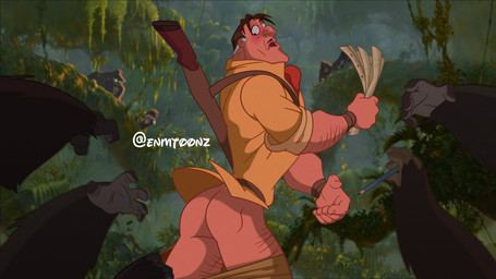 assisted_exposure being_watched black_body black_fur blush body_hair bottomwear bottomwear_down brown_hair butt clothed clothing embarrassed fur gun hair human_focus leg_hair looking_at_another male map muscular muscular_male on_model pants pants_down partially_clothed ranged_weapon screencap screencap_background weapon enmtoonz tarzan_(disney) clayton_(tarzan) ape gorilla haplorhine human mammal primate absurd_res hi_res