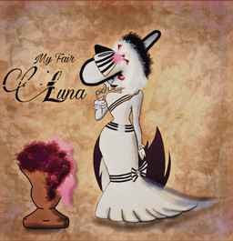 anthro clothed clothing female fur looking_at_viewer movie_reference red_sclera smile solo tail text vintage white_body white_eyes white_fur hypercocklover hellaverse helluva_boss mythology loona_(helluva_boss) canid canid_demon canine demon hellhound mammal mythological_canine mythological_creature digital_media_(artwork) english_text