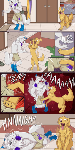 abs anthro ballbusting biped black_nose blue_markings bodily_fluids bottomwear clenched_teeth clothing cock_and_ball_torture digitigrade dipstick_ears duo ear_markings electronics feral floppy_ears folded_ears fur genital_torture headphones headphones_around_neck humor inside leg_markings looking_at_another lying lying_on_ground male markings multicolored_ears muscular muscular_anthro muscular_male neck_tuft on_ground on_hind_legs on_side open_mouth open_smile pain pawpads quadruped shorts smile socks_(marking) tail tail_motion tailwag tan_body tan_fur tears teeth text tongue tongue_out tuft white_body white_fur fuf morexis morexis_(dreamgod) canid canine canis domestic_dog mammal mixed_breed nordic_sled_dog samoyed shiba_inu spitz absurd_res comic english_text hi_res